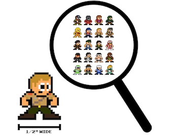 Op de afbeelding: Een pixel art-personage dat een bruin en beige outfit draagt met een vergrootglas dat een raster van 25 pixel art-personages laat zien. De tekst "1/2" WIDE" staat onder het personage.