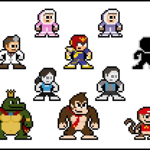 Puede incluir: Una colección de personajes de pixel art de videojuegos populares. Los personajes incluyen un médico, un piloto, una princesa, un mono, una tortuga y una figura de sombra.