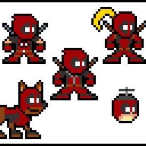 May include: Pixel art characters of Deadpool in various poses, including a dog, a character with a sword, and a character with a helicopter propeller. The characters are red and black.