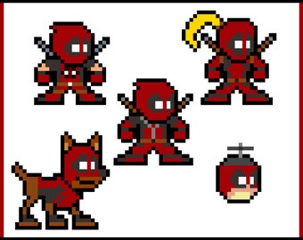 Op de afbeelding: Pixel art-karakters van Deadpool in verschillende poses, waaronder een hond, een personage met een zwaard en een personage met een helikopterpropeller. De karakters zijn rood en zwart.