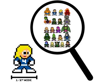 Op de afbeelding: Pixelafbeelding van een superheldenpersonage in een blauw en wit kostuum, met blond haar. De afbeelding is 1,27 cm breed. Een vergrootglas toont andere gepixelde superheldenpersonages. De achtergrond is wit.