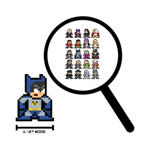 May include: Pixelated Batman figure, 1/2 inch wide, in a blue and gray costume with a yellow bat symbol. A magnifying glass shows other pixelated characters. The image is on a white background.