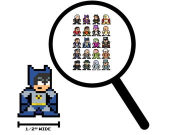 May include: Pixelated Batman figure, 1.27 cm wide, in a blue and grey costume with a yellow bat symbol. A magnifying glass shows other pixelated characters. The image is on a white background.