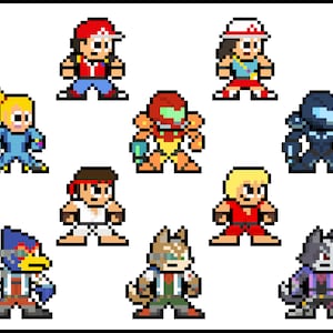 May include: A pixel art illustration featuring 10 characters from different video games. The characters are standing in a circle, with a white background. The characters include Samus Aran from Metroid, Fox McCloud from Star Fox, Ryu from Street Fighter, and others.