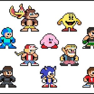 Peut inclure: Une illustration numérique de 10 personnages de jeux vidéo populaires, dont Pac-Man, Sonic the Hedgehog, Mega Man et Donkey Kong. Les personnages sont représentés dans un style pixélisé, semblable aux jeux vidéo classiques.