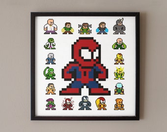 Op de afbeelding: Een pixel art-illustratie van Spider-Man omringd door zijn schurken. De schurken zijn Green Goblin, Doctor Octopus, Sandman, Venom, Electro, Rhino, Lizard, Mysterio, Shocker, Scorpion en Vulture. De afbeelding is in een zwart frame.