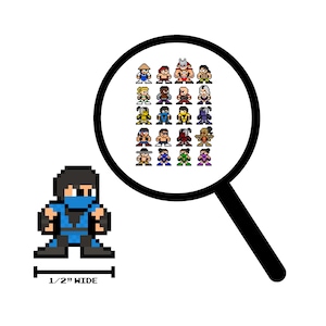 May include: Pixel art image of a blue and black character, 1/2 inch wide, with a magnifying glass showing various pixelated characters. The characters are from a video game. The background is white.