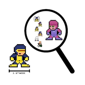 May include: A pixel art illustration of a blue and yellow superhero with a magnifying glass showing a group of pixel art superheroes, including a purple and pink superhero.