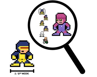Op de afbeelding: Een pixel art-illustratie van een blauwe en gele superheld met een vergrootglas dat een groep pixel art-superhelden laat zien, waaronder een paarse en roze superheld.