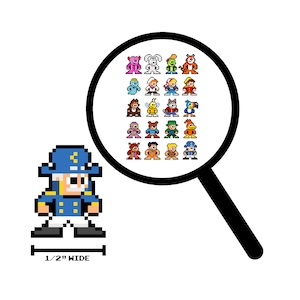May include: A pixelated illustration of a cartoon character wearing a blue and white sailor outfit and a blue hat. The character is standing on a white background with a magnifying glass showing a grid of 25 pixelated cartoon characters.