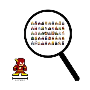 May include: A pixel art illustration of a red and yellow superhero, The Flash, standing with his arms at his sides. The image includes the text "1/2" WIDE".