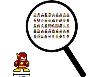 Op de afbeelding: Een pixel art-illustratie van een rode en gele superheld, The Flash, die met zijn armen langs zijn zijde staat. De afbeelding bevat de tekst "1/2" WIDE".