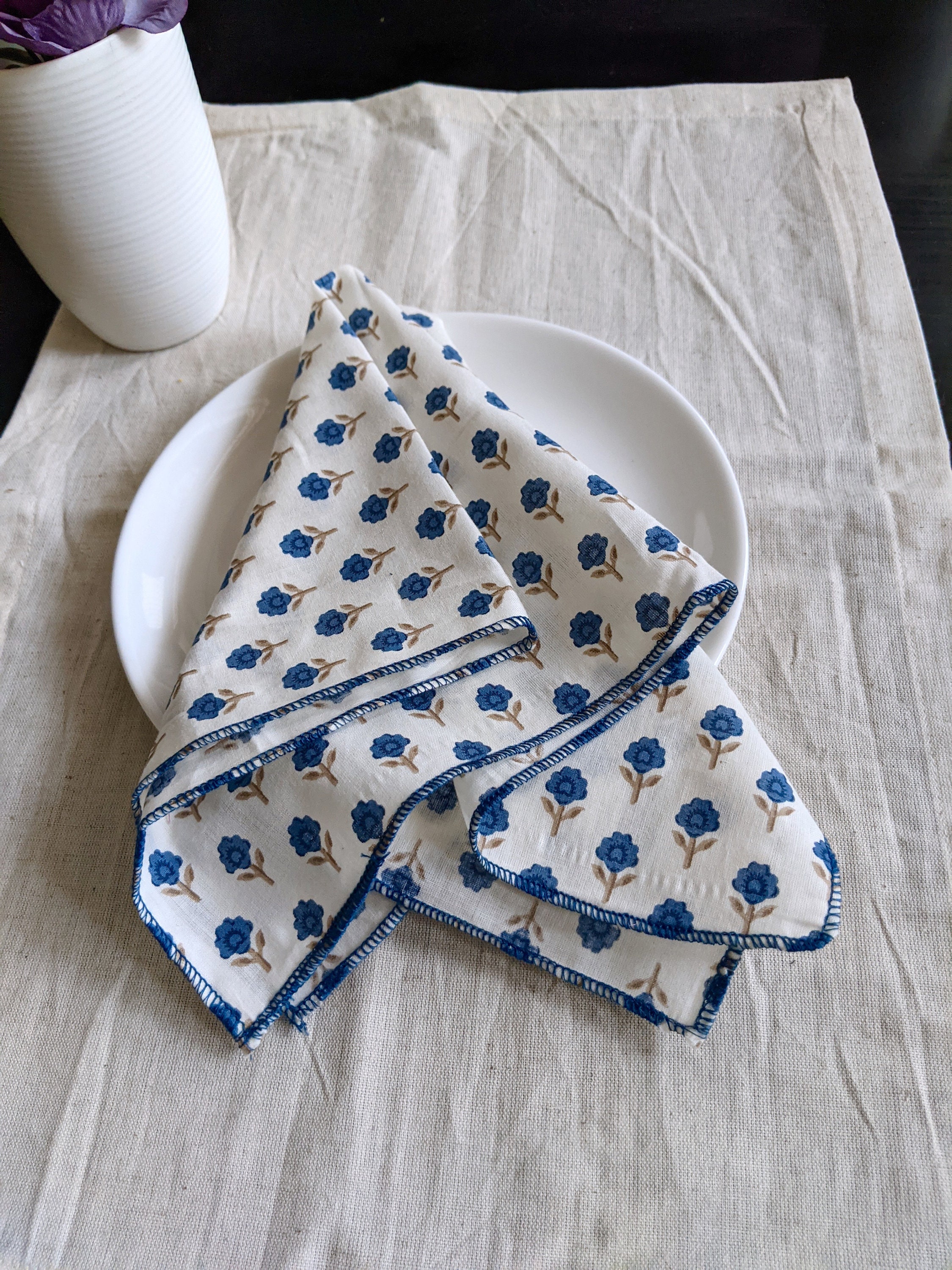 Blue Block Print Napkins Set Floral Print Napkins Wedding Etsy