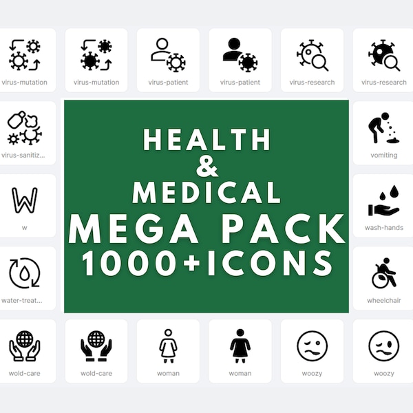 Health & Medical Mega Pack Icons, Clipart Set, Pharmaceutical Emojies SVG ,PNG Solid, Line Health  Medical Illustrations For Powerpoint