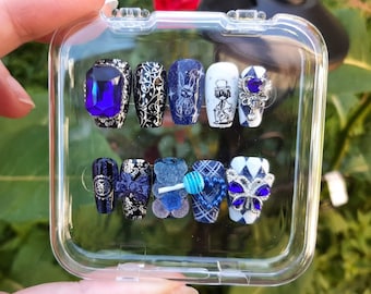 Handmade Press-On Nail Set Black and Blue Gothic Black Butler Kuroshitsuji Ciel Phantomhive Inspired