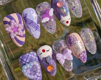 Handmade Press-On Nail Set Glitter Purple Final Fantasy Moogle Kupo! Inspired