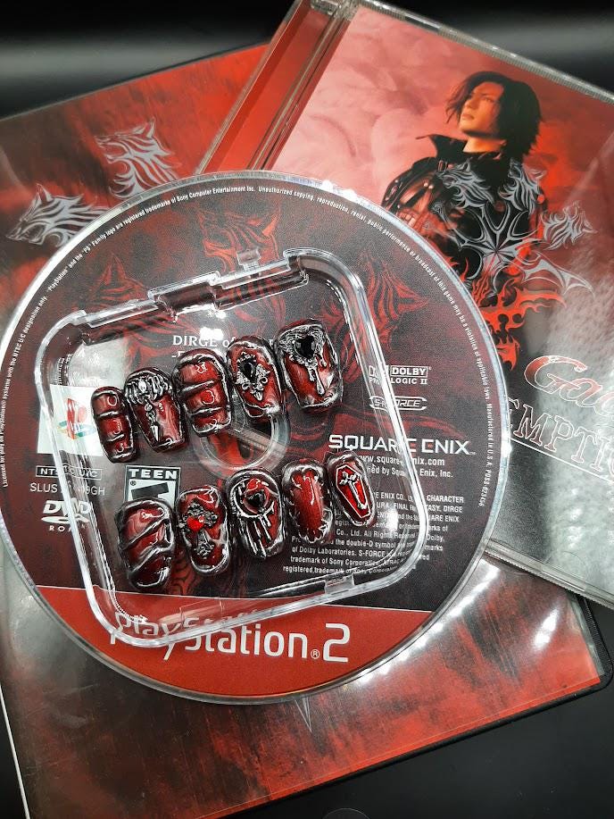 Red and Gunmetal Chrome Malice Mizer GACKT Redemption FF7 Genesis VKEI Inspired Handmade Press-On Nails