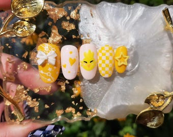 Cute Yellow Mascot Final Fantasy Chocobo Kweh! Inspired Handmade Press-On Nails