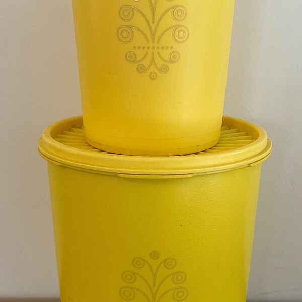 Set of 2 Nesting Tupperware Servalier Canisters | Sunshine Colour Scroll Motif | Vintage Retro Kitchen Storage Decor | 807 812