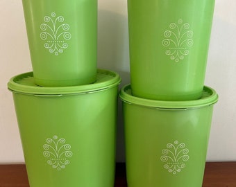 Set of 4 Nesting Tupperware Servalier Canisters | Green Colour Scroll Motif | Vintage Retro Kitchen Storage Decor | 811 809 807 805