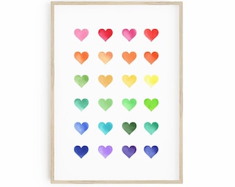 Rainbow Hearts Print - watercolor rainbow hearts print, printable wall art, playroom print, instant download wall art, hearts poster