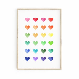 Rainbow Hearts Print - watercolor rainbow hearts print, printable wall art, playroom print, instant download wall art, hearts poster