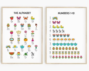 May include: Two printable posters, one with the alphabet and the other with numbers 1-10. Each letter and number is paired with a colorful illustration.