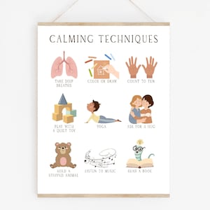 Pôster de técnicas calmantes, canto calmante de ioga, gráfico de estratégias, decoração Montessori, arte de parede neutra para sala de jogos