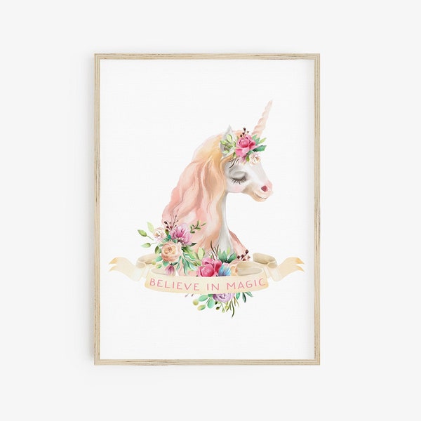 Believe In Magic Unicorn Print - instant download, unicorn printable 8x10, unicorn wall art, girls magical nursery, whimsical unicorn print