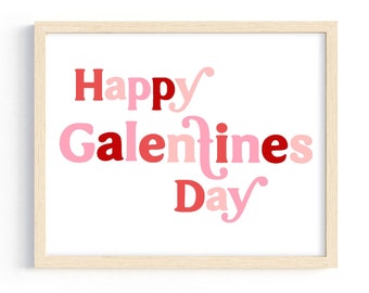 Happy Galentines Day landscape print, Valentine printable, Galentines decor, girls Valentines wall art, retro, pink, red, party decor