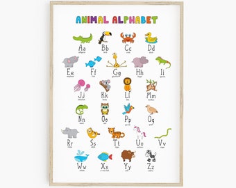 Kids wall art, alphabet printable, learning poster, animal ABC poster, playroom print, rainbow playroom decor, bright kids print