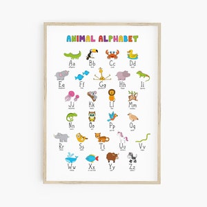 Kids wall art, alphabet printable, learning poster, animal ABC poster, playroom print, rainbow playroom decor, bright kids print