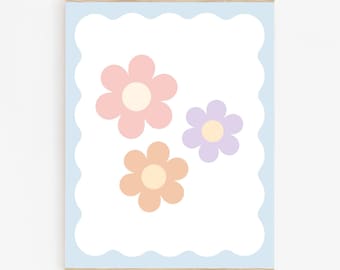 Art mural marguerite rétro, décoration de chambre pastel pour filles, impression de chambre de bébé, imprimé floral