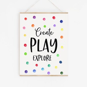 May include: A white sign with a wooden frame hangs on a white wall. The sign has a rainbow polka dot pattern and the text "Create Play Explore" in black.