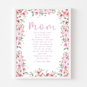 Mother&#39;s Day gift, mom poem wall art, printable gift for mum, floral poster