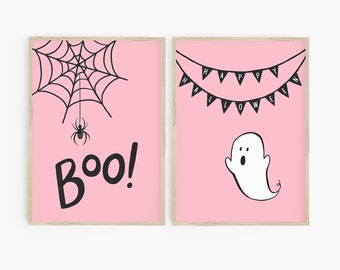 Pink Halloween Wall Art Set – Cute Ghost, Spider (Digital Download)