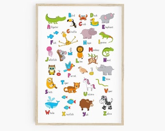 Animal Alphabet Printable - instant download, bright playroom alphabet print, ABC educational poster, bright children's wall art, toddler