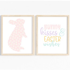 Kids Easter playroom prints, Easter printable wall art, pastel Easter decor, bunny kisses and easter wishes, daisy wall art, girls easter
