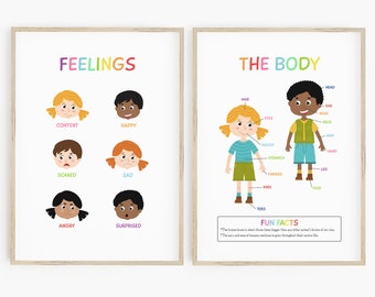 Feelings and The Body Educational Posters - homeschool wall art, pre school poster, classroom decor, emotions printable, rainbow educational