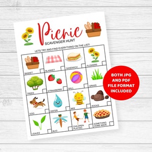 Picnic Scavenger Hunt, Summer activities for kids, Holiday Hunt for children, outdoor treasure hunt, printable game