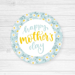 Happy Mother's Day-tag, rond Moederdag-tag 2", blauwe koekjestag met bloemen, digitale stickers, tag gele margriet
