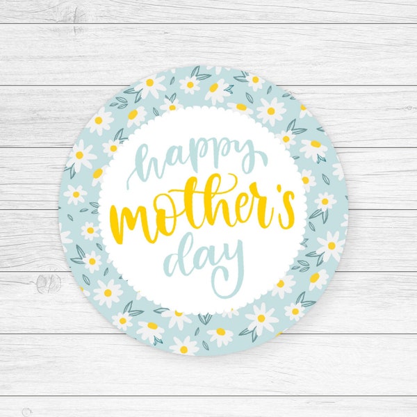 Happy Mother's Day Tag,  round Mothers Day tag 2", blue floral cookie tag, digital stickers, yellow daisy tag