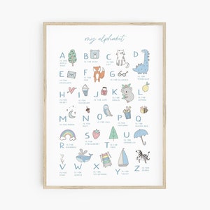 jongens alfabet afdrukbaar - jongens speelkamer muur kunst, genderneutrale kwekerij, peuter muur kunst, ABC print, blauwe kinderdagverblijf decor, schattige kinderen afdrukken