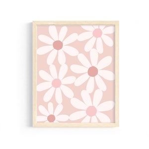 Neutral daisy wall art, modern wildflower nursery, boho printable for girls room, peach, dusty pink