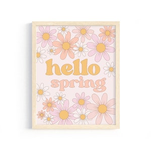 Hello Spring print, Easter print, pastel Easter decor, kids easter wall art, retro floral daisies, retro Easter printable, spring decor