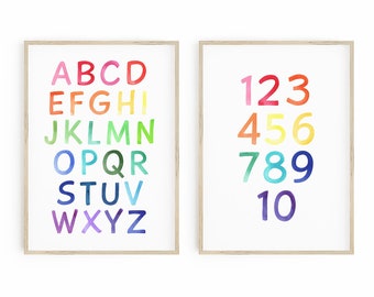 Alphabet and Numbers Print Set - instant download, set of 2 alphabet and numbers, educational wall decor, educational wall art, nursery