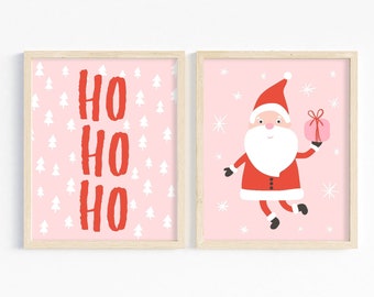 Pink Christmas Prints Set, Cute Santa, Kids Room Decor (Digital Download)