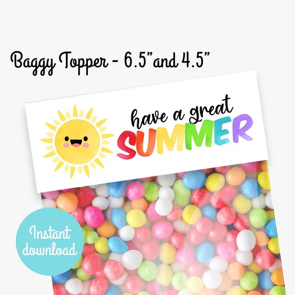 Have a great summer baggy topper, 6.5 inch and 4.5 inch bag topper, gift for student, cookie bag topper, rainbow gift tag with cute sun