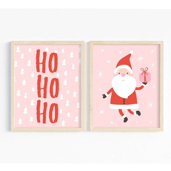 Hohoho Print Set of 2, Cute Santa wall art, Christmas printable, pink Christmas prints, kids Christmas print