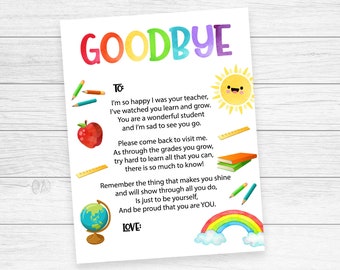 Gift from Teacher, end of school letter, goodbye poem to students, end of year printable, rainbow instant download